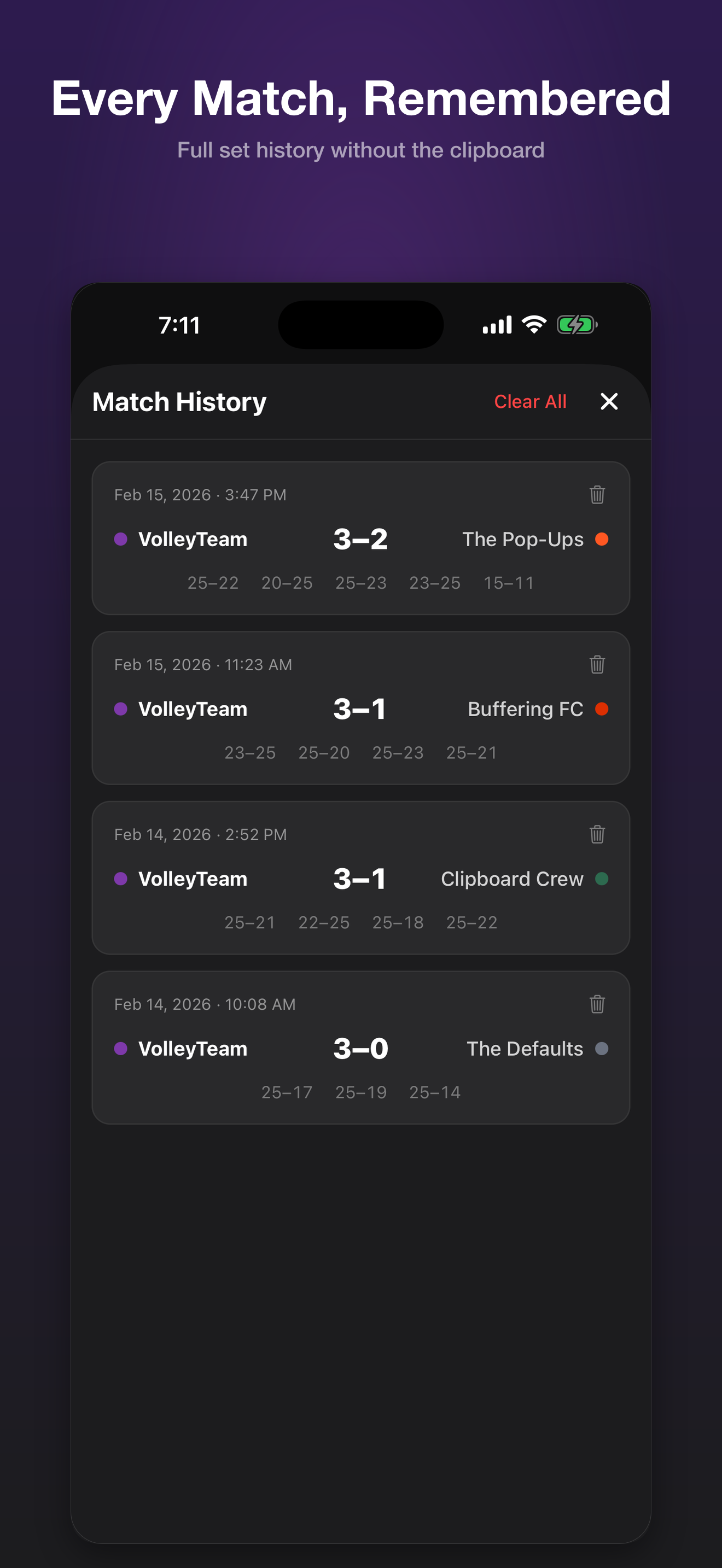 VolleyTally saved match history
